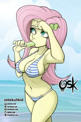 Size: 1000x1500 | Tagged: suggestive, artist:oldskullkid, derpibooru import, fluttershy, human, equestria girls, belly button, bikini, breasts, busty fluttershy, clothes, eating, erect nipples, food, ice, image, jpeg, nipple outline, panties, popsicle, stupid sexy fluttershy, suggestive eating, swimming pool, swimsuit, thong, underwear