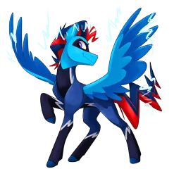 Size: 3128x3168 | Tagged: safe, artist:luximus17, derpibooru import, oc, oc:andrew swiftwing, unofficial characters only, pegasus, alternate hairstyle, alternate universe, image, male, mask, png, smiling, smirk, spread wings, superhero, super powers, wings