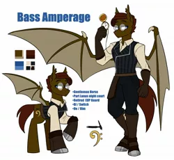 Size: 1864x1716 | Tagged: safe, artist:redxbacon, derpibooru import, oc, oc:bass amperage, unofficial characters only, anthro, bat pony, pony, unguligrade anthro, bat pony oc, bat wings, clothes, explicit source, glasses, image, jpeg, leather gloves, pocket watch, reference sheet, solo, vest, wings