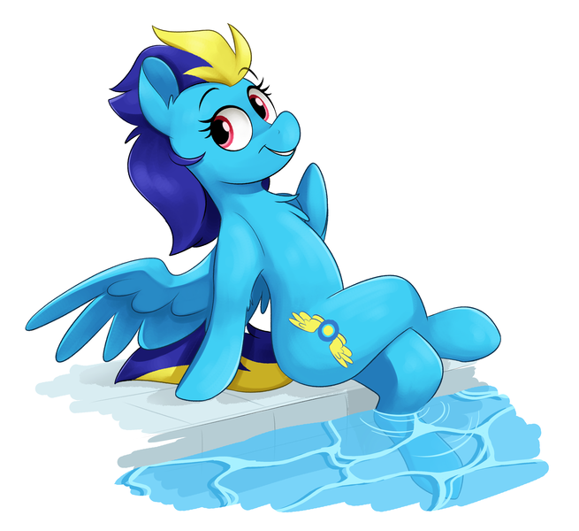 Size: 3453x3162 | Tagged: safe, artist:luximus17, derpibooru import, oc, oc:blue angel, unofficial characters only, pegasus, pony, female, image, mare, png, poolside, smiling, spread wings, wings