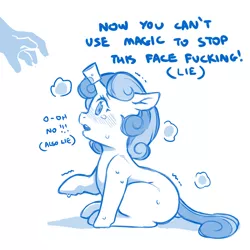 Size: 1200x1200 | Tagged: suggestive, artist:cold-blooded-twilight, derpibooru import, sweetie belle, human, blushing, cork, dialogue, dock, floppy ears, foalcon, hand, image, implied foalcon, jpeg, lying, magic suppression, monochrome, panting, raised hoof, shivering, sitting, sketch, suggestive dialogue, sweat, teary eyes, underage