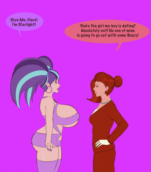 Size: 1124x1280 | Tagged: questionable, artist:annon, derpibooru import, starlight glimmer, stellar flare, human, big breasts, bimbo, bimbo glimmer, bimboification, bow, breasts, business suit, busty starlight glimmer, clothes, commission, dialogue, duo, duo female, ear piercing, earring, eyeshadow, female, females only, gloves, hair bow, hair bun, hands on hip, hooped earrings, huge breasts, humanized, image, implied shipping, implied starburst, implied straight, jewelry, jpeg, lipstick, looking at each other, makeup, mirror universe, necklace, pearl necklace, piercing, pigtails, profile, purple background, purple eyeshadow, purple lipstick, simple background, smiling, socks, speech bubble, stockings, thigh highs, transformation, transformation sequence