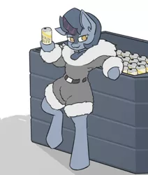 Size: 3508x4134 | Tagged: safe, artist:sneetymist, derpibooru import, oc, oc:winter peak, unofficial characters only, kirin, alcohol, beer, beer can, belt, clothes, crate, drink, female, fluffy, fur coat, fur collar, image, jacket, kirin beer, mare, no tail, parka, png, simple background, solo, solo female, uniform, winter outfit