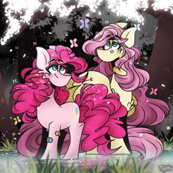 Size: 2500x2500 | Tagged: safe, artist:its_sunsetdraws, derpibooru import, fluttershy, pinkie pie, butterfly, earth pony, insect, pegasus, friendship is magic, reflections, spoiler:comic, bandaid, confetti, cutie mark, digital art, fanart, forest, forest background, image, long mane, png, poofy mane, reflection, reflective floor, tree, water