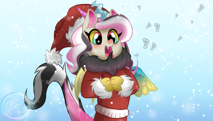 Size: 700x400 | Tagged: safe, artist:pizza lord, derpibooru import, oc, oc:ulysses, draconequus, hybrid, caroling, christmas, clothes, hat, hearts warming day, holiday, image, interspecies offspring, jpeg, music notes, offspring, parent:discord, parent:fluttershy, parents:discoshy, santa hat, singing, winter, winter outfit, young