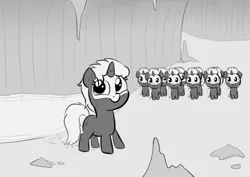 Size: 2996x2120 | Tagged: safe, artist:heretichesh, derpibooru import, oc, oc:s.leech, unofficial characters only, pony, unicorn, black and white, blank flank, cave, cute, female, filly, grayscale, image, mirror pool, monochrome, multeity, ocbetes, png, wet