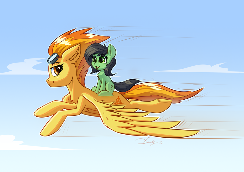 Size: 3508x2480 | Tagged: safe, artist:dandy, derpibooru import, spitfire, oc, oc:anonfilly, earth pony, pegasus, pony, duo, female, filly, flying, goggles on head, image, open mouth, png, riding, sky, wings