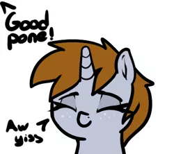 Size: 415x368 | Tagged: safe, artist:neuro, derpibooru import, oc, oc:littlepip, unofficial characters only, pony, unicorn, fallout equestria, aw yiss, dialogue, eyes closed, female, freckles, horn, image, mare, offscreen character, png, simple background, smiling, solo, text, unicorn oc, white background