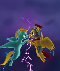 Size: 1518x1795 | Tagged: safe, artist:short tale, derpibooru import, flash magnus, lightning dust, pegasus, cloud, cover art, digital art, fight, flying, image, jpeg, lightning, storm