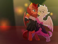 Size: 1600x1200 | Tagged: safe, artist:willoillo, derpibooru import, oc, unofficial characters only, gryphon, kirin, pony, commission, dancing, griffon oc, image, kirin oc, png, romantic