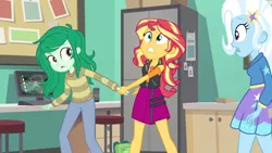 Size: 3410x1920 | Tagged: safe, derpibooru import, screencap, sunset shimmer, trixie, wallflower blush, equestria girls, equestria girls series, forgotten friendship, clothes, female, geode of empathy, hairpin, holding hands, hoodie, image, jacket, jewelry, jpeg, leather, leather jacket, magical geodes, necklace, open mouth