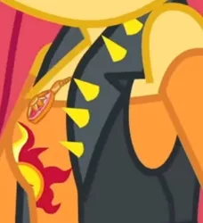 Size: 1920x2106 | Tagged: safe, derpibooru import, screencap, sunset shimmer, equestria girls, equestria girls series, forgotten friendship, boobshot, breasts, busty sunset shimmer, clothes, cropped, cutie mark, cutie mark on clothes, female, geode of empathy, image, jacket, jewelry, jpeg, leather, leather jacket, magical geodes, necklace, pictures of chests, solo