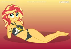 Size: 10056x6885 | Tagged: suggestive, artist:alandssparkle, derpibooru import, sunset shimmer, equestria girls, absurd resolution, belly button, bikini, breasts, busty sunset shimmer, clothes, derpibooru exclusive, draw me like one of your french girls, female, gradient background, grin, image, looking at you, png, sexy, signature, simple background, smiling, smiling at you, solo, solo female, swimsuit