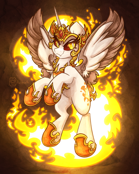 Size: 800x1000 | Tagged: safe, artist:azimooth, derpibooru import, daybreaker, princess celestia, alicorn, female, fire, image, jewelry, png, regalia, solo