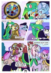 Size: 2100x3000 | Tagged: safe, artist:loryska, derpibooru import, trixie, oc, oc:berry white, oc:bredbeddle, oc:clarabelle, oc:conundrum solar flare, oc:plumeria, dragon, earth pony, hybrid, pegasus, pony, zony, image, magic, offspring, parent:quibble pants, parent:rainbow dash, parents:quibbledash, png, roulette