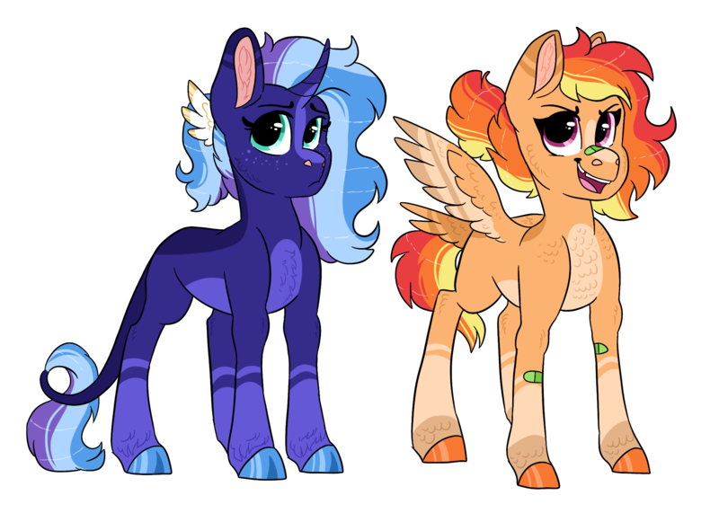 Size: 2178x1582 | Tagged: safe, artist:moccabliss, derpibooru import, oc, oc:opal dusk, oc:phoenix blaze, pegasus, pony, unicorn, female, image, magical lesbian spawn, offspring, parent:rainbow dash, parent:sunset shimmer, parents:sunsetdash, png, teenager