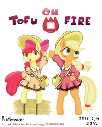 Size: 800x988 | Tagged: safe, artist:ttpercent, derpibooru import, apple bloom, applejack, pony, clothes, female, filly, hay bale, image, mare, png, siblings, standing on two hooves