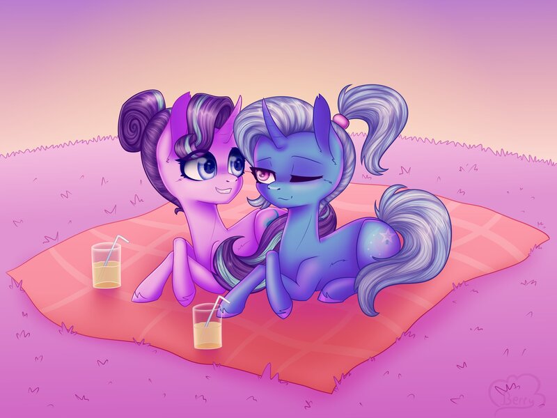 Size: 2048x1536 | Tagged: safe, artist:cloudberry_mess, derpibooru import, starlight glimmer, trixie, pony, unicorn, alternate hairstyle, curved horn, female, glass, horn, image, jpeg, lesbian, picnic blanket, ponytail, shipping, startrix, straw