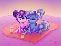 Size: 2048x1536 | Tagged: safe, artist:cloudberry_mess, derpibooru import, starlight glimmer, trixie, pony, unicorn, alternate hairstyle, curved horn, female, glass, horn, image, jpeg, lesbian, picnic blanket, ponytail, shipping, startrix, straw