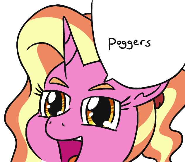 Size: 632x553 | Tagged: safe, artist:jargon scott, derpibooru import, luster dawn, pony, unicorn, bust, close-up, female, image, looking at you, mare, png, poggers, simple background, solo, speech bubble, talking to viewer, white background