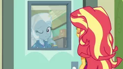 Size: 3410x1920 | Tagged: safe, derpibooru import, screencap, sunset shimmer, trixie, equestria girls, equestria girls series, forgotten friendship, clothes, cute, diatrixes, duo, duo female, female, hairpin, hoodie, image, jacket, jpeg, leather, leather jacket, one eye closed