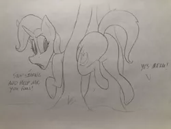 Size: 4032x3024 | Tagged: safe, artist:dynamo1940, derpibooru import, trixie, pony, unicorn, butt, dialogue, female, image, implied snails, implied snips, jpeg, large butt, looking back, mare, monochrome, offscreen character, open mouth, pencil drawing, plot, solo, stuck, the great and powerful ass, traditional art