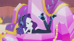 Size: 3840x2160 | Tagged: safe, derpibooru import, screencap, rarity, equestria girls, equestria girls series, the other side, animated, bare shoulders, blinking, clothes, headphones, high heels, image, no sound, shoes, sleeveless, smiling, solo, strapless, unitard, webm