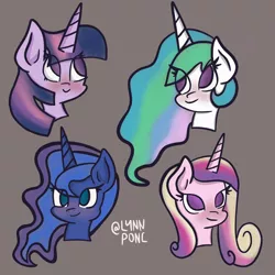 Size: 2048x2048 | Tagged: safe, artist:lynnpone, derpibooru import, princess cadance, princess celestia, princess luna, twilight sparkle, twilight sparkle (alicorn), alicorn, pony, alicorn tetrarchy, blushing, bust, eye clipping through hair, female, image, mare, no pupils, png, simple background