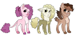 Size: 3081x1475 | Tagged: safe, artist:moccabliss, derpibooru import, oc, oc:rocky road, oc:strawberry shake, oc:vanilla bean, unofficial characters only, hippogriff, hybrid, fledgeling, image, interspecies offspring, magical lesbian spawn, offspring, parent:gilda, parent:pinkie pie, parents:gildapie, png, simple background, transparent background