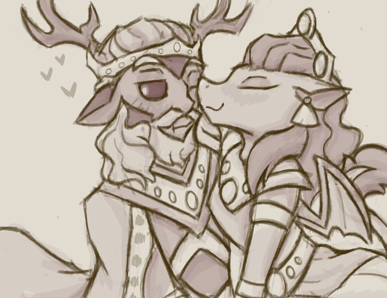 Size: 1300x1000 | Tagged: safe, artist:apatheticxaddict, derpibooru import, king vorak, queen haydon, centaur, gargoyle, spoiler:comic, spoiler:comicfiendshipismagic2, antlers, duo, female, image, jewelry, kissing, male, png, regalia, shipping, straight