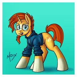 Size: 2000x2000 | Tagged: safe, artist:supermoix, derpibooru import, sunburst, pony, unicorn, clothes, cute, glasses, hoodie, image, male, males only, png, solo, stallion, standing