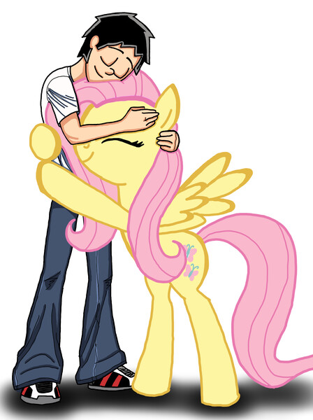Size: 1936x2592 | Tagged: safe, alternate version, artist:ceehoff, derpibooru import, fluttershy, oc, human, pegasus, pony, bipedal, canon x oc, clothes, colored, duo, eyes closed, female, hug, human oc, image, jpeg, male, mare, pants, shoes, signature, simple background, smiling, white background, wings