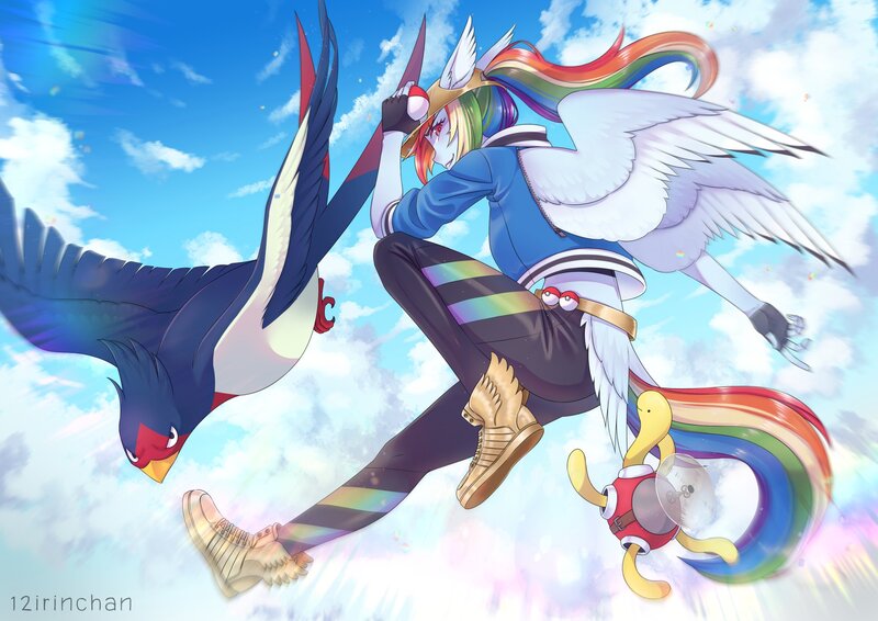 Size: 2122x1500 | Tagged: safe, artist:12irinchan, derpibooru import, rainbow dash, anthro, plantigrade anthro, swellow, female, flying, human facial structure, image, jpeg, pokéball, pokémon, shuckle, sky, tail feathers