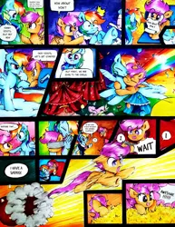 Size: 2758x3568 | Tagged: safe, artist:liaaqila, derpibooru import, fluttershy, lotus blossom, rainbow dash, scootaloo, pegasus, pony, adorable distress, blindfold, cannon, comic, cute, funny, hay, image, jpeg, mailbox, pony cannonball, scootaloo can fly, scootalove, silly