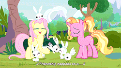 Size: 500x281 | Tagged: safe, derpibooru import, screencap, angel bunny, discord, fluttershy, luster dawn, draconequus, pegasus, pony, rabbit, unicorn, the last problem, animal, animated, bright, female, gif, image, looking at each other, male, older, older fluttershy, portal, shiny, singing, the magic of friendship grows