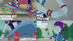 Size: 1280x720 | Tagged: safe, derpibooru import, edit, edited screencap, editor:quoterific, screencap, rainbow dash, equestria girls, equestria girls series, sic skateboard, spoiler:eqg series (season 2), clothes, female, geode of super speed, helmet, hoodie, image, looking at you, magical geodes, open mouth, png, shoes, skateboard, sneakers, solo