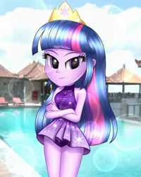 Size: 2000x2500 | Tagged: safe, artist:aryatheeditor, derpibooru import, twilight sparkle, twilight sparkle (alicorn), alicorn, equestria girls, adorasexy, ass, bedroom eyes, belly button, breasts, bust, busty twilight sparkle, butt, clothes, crown, cute, digital art, element of magic, female, geode of telekinesis, hips, hotel, image, indonesia, jewelry, jpeg, looking at you, magical geodes, midriff, miniskirt, outfit, pose, purple hair, regalia, schrödinger's pantsu, sexy, shiny, skirt, sleeveless, smiling, smiling at you, solo, stupid sexy twilight, swimming pool, swimsuit, thigh gap, thighs, twiabetes, twibutt
