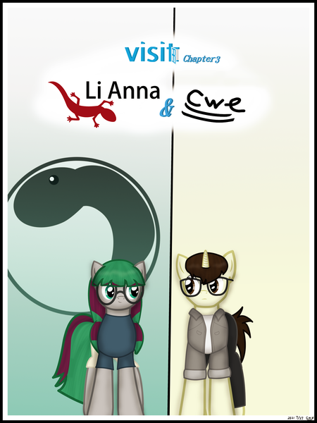 Size: 1750x2333 | Tagged: safe, artist:99999999000, derpibooru import, oc, oc:cwe, oc:li anna, unofficial characters only, gecko, pony, comic:visit, clothes, comic, female, glasses, image, male, png