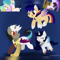 Size: 960x960 | Tagged: safe, artist:benkomilk, artist:hikariviny, derpibooru import, edit, edited screencap, screencap, discord, flash sentry, princess celestia, twilight sparkle, oc, oc:chaotic, oc:harmony star, oc:starry gleam, hybrid, pony, child, female, filly, flashlight, image, interspecies offspring, jewelry, jpeg, male, next generation, offspring, parent:discord, parent:flash sentry, parent:princess celestia, parent:twilight sparkle, parents:dislestia, parents:flashlight, shipping, straight