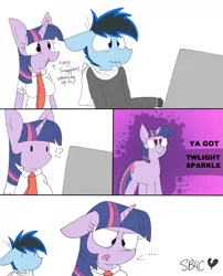 Size: 1265x1567 | Tagged: safe, artist:snuggleb4cuddle, derpibooru import, twilight sparkle, oc, anthro, pegasus, pony, unicorn, banned from equestria daily, clothes, dialogue, female, image, male, png