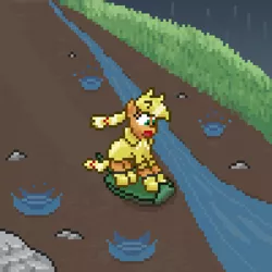 Size: 600x600 | Tagged: safe, artist:nitobit, derpibooru import, part of a set, applejack, earth pony, pony, appletini, female, grass, image, leaf, mare, micro, missing accessory, pebbles, pixel art, png, rain, rain boots, raincoat, scared, screaming, sliding, solo, water, wet, wet mane