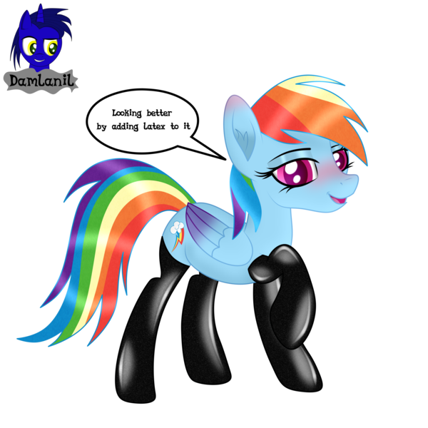 Size: 3840x3840 | Tagged: safe, artist:damlanil, derpibooru import, rainbow dash, pegasus, pony, blushing, clothes, comic, cute, eyeshadow, female, happy, image, latex, latex socks, looking at you, makeup, mare, open mouth, png, raised hoof, shine, shiny mane, simple background, socks, solo, text, transparent background, vector, wings