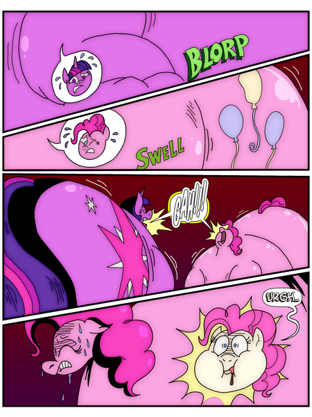 Size: 1944x2592 | Tagged: questionable, artist:jacalope, artist:princebluemoon3, derpibooru import, pinkie pie, twilight sparkle, earth pony, unicorn, comic:you are what you eat, belly, belly expansion, chocolate, food, gritted teeth, growth, image, one eye closed, open mouth, png, stomach noise, sweat, sweatdrops, this will end in pain, weight gain