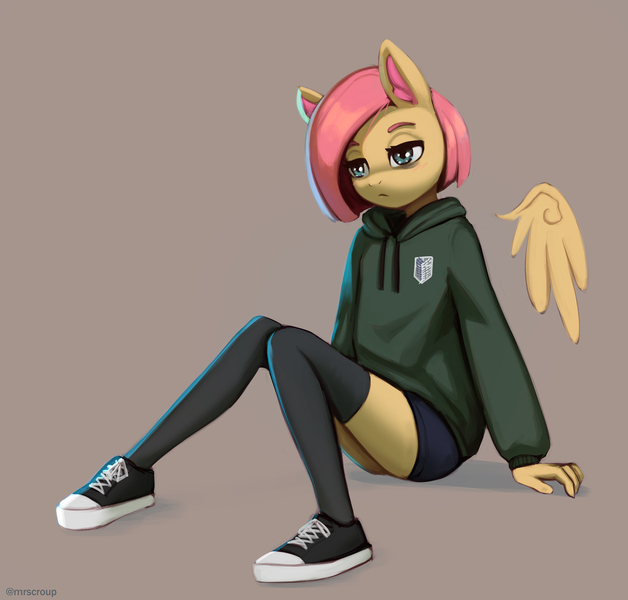Size: 2100x2006 | Tagged: safe, artist:mrscroup, derpibooru import, fluttershy, anthro, pegasus, clothes, converse, floating wings, gray background, hoodie, image, jpeg, pants, shoes, short hair, simple background, socks, stockings, thigh highs, wings