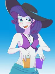 Size: 1620x2160 | Tagged: safe, artist:haibaratomoe, derpibooru import, rarity, equestria girls, belly button, bikini, blushing, breasts, cleavage, clothes, drinking glass, ear piercing, earring, geode of shielding, gradient background, hat, image, jewelry, jpeg, magical geodes, midriff, open mouth, piercing, sarong, simple background, sun hat, swimsuit