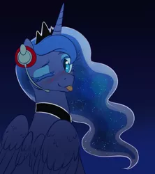 Size: 1280x1440 | Tagged: safe, artist:ghoasthead, derpibooru import, princess luna, alicorn, pony, :p, abstract background, blushing, ethereal mane, female, headphones, image, looking back, mare, one eye closed, png, solo, starry mane, tongue out, wings, wink