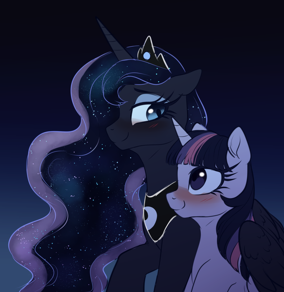 Size: 1280x1315 | Tagged: safe, artist:ghoasthead, derpibooru import, princess luna, twilight sparkle, alicorn, pony, blushing, ethereal mane, female, hug, image, lesbian, looking at each other, mare, png, shipping, smiling, starry mane, twiluna, winghug, wings