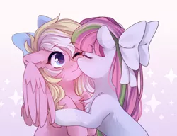 Size: 3000x2300 | Tagged: safe, artist:whitenoiseghost, derpibooru import, oc, oc:bay breeze, oc:strawberry blush, unofficial characters only, earth pony, pegasus, pony, blushing, bow, coat markings, cute, dappled, earth pony oc, eyes closed, female, hair bow, image, kissing, lesbian, mare, nose kiss, ocbetes, pegasus oc, png, shipping, simple background, smooch, socks (coat marking), wings