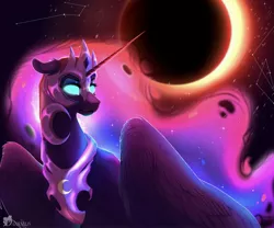 Size: 3000x2500 | Tagged: safe, artist:queendarkselis, derpibooru import, nightmare moon, alicorn, pony, constellation, ear fluff, eclipse, ethereal mane, female, floppy ears, glowing eyes, high res, image, jpeg, mare, moon, solar eclipse, solo, starry mane, stars, sun
