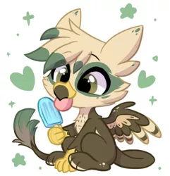 Size: 698x724 | Tagged: safe, artist:colorfulcolor233, derpibooru import, oc, oc:dillinger, unofficial characters only, gryphon, chibi, commission, food, griffon oc, image, png, popsicle, solo, tongue out, ych result